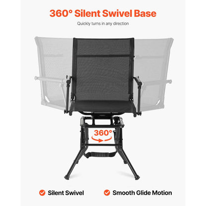 Hunting Chair, 360° Silent Swivel, Foldable Lightweight Portable Blind Chair, Heavy-Duty Steel Frame Ground Stool Seat, with Armrest, Adjustable Carry Strap, 300 Lbs Capacity for Fishing Camping