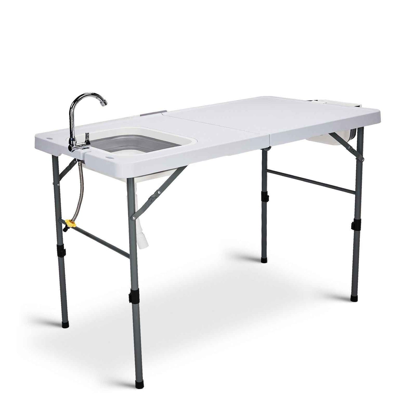 50" Folding Fish Cleaning Table with Sink, Bi-Folding Portable Camping Sink Station with Drain Hose, Trash Can, Foldable Outdoor Sink for Camping, Fishing, BBQ