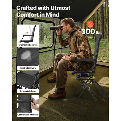 Hunting Chair, 360° Silent Swivel, Foldable Lightweight Portable Blind Chair, Heavy-Duty Steel Frame Ground Stool Seat, with Armrest, Adjustable Carry Strap, 300 Lbs Capacity for Fishing Camping
