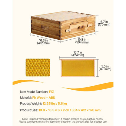 Bee Hive Medium Box Starter Kit, 100% Beeswax Coated Natural Fir Wood, Langstroth Beehive Kit with 10 Frames and Foundations, Transparent Acrylic Bee Windows for Beginners and Pro Beekeepers
