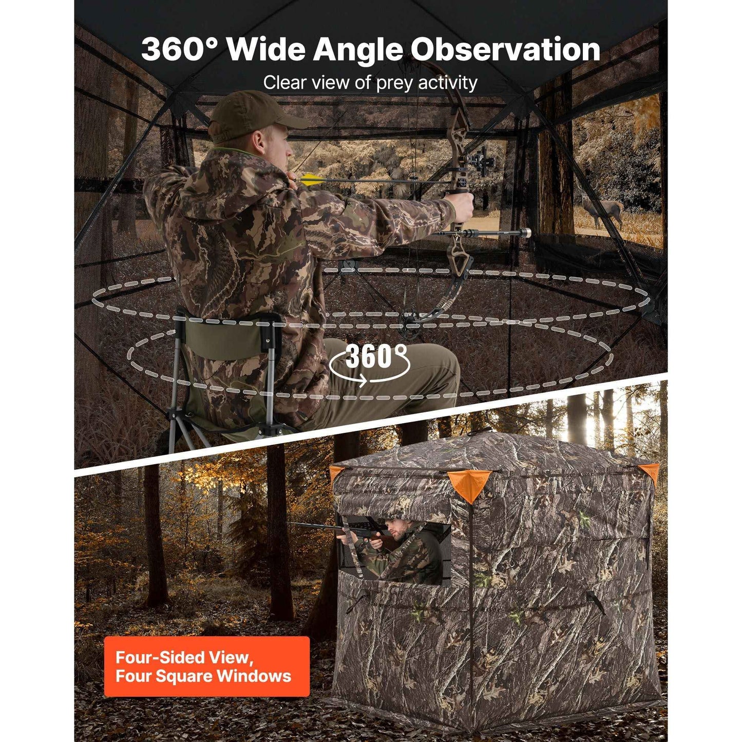 Hunting Blind, 2-3 Person See Through Ground Blinds with Carrying Bag, 360 Degree Portable Camouflage Tent, Durable Concealed Shelter with Silent Side Door and Window, for Turkey and Deer