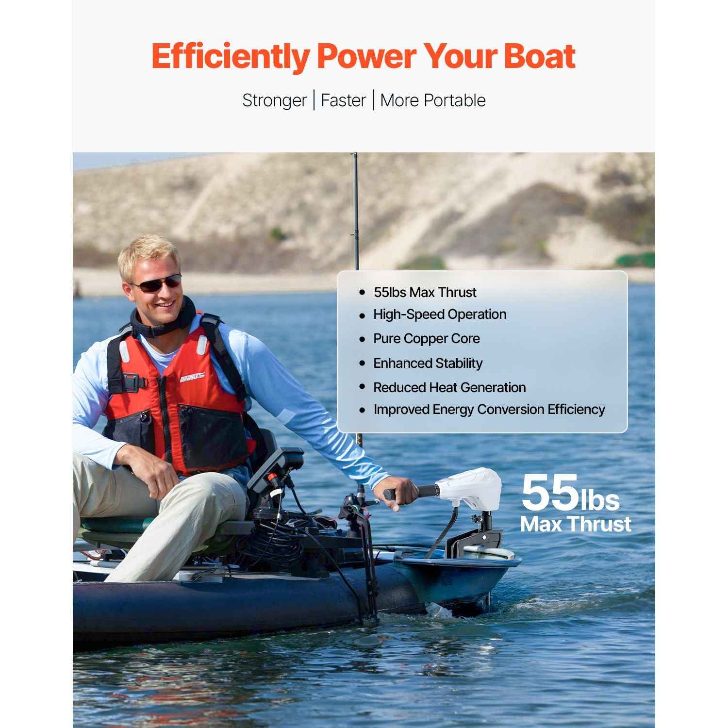Electric Trolling Motor, Transom Mounted Outboard Boat Motors 12V 55lbs Thrust, 8-Speed Electric Boat Engine w/ Battery Indicator, for Kayaks, Fishing Boats on Freshwater/Saltwater, 30-In Shaft