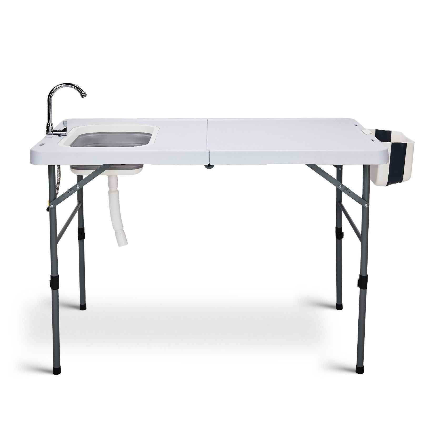 50" Folding Fish Cleaning Table with Sink, Bi-Folding Portable Camping Sink Station with Drain Hose, Trash Can, Foldable Outdoor Sink for Camping, Fishing, BBQ