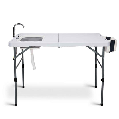 50" Folding Fish Cleaning Table with Sink, Bi-Folding Portable Camping Sink Station with Drain Hose, Trash Can, Foldable Outdoor Sink for Camping, Fishing, BBQ