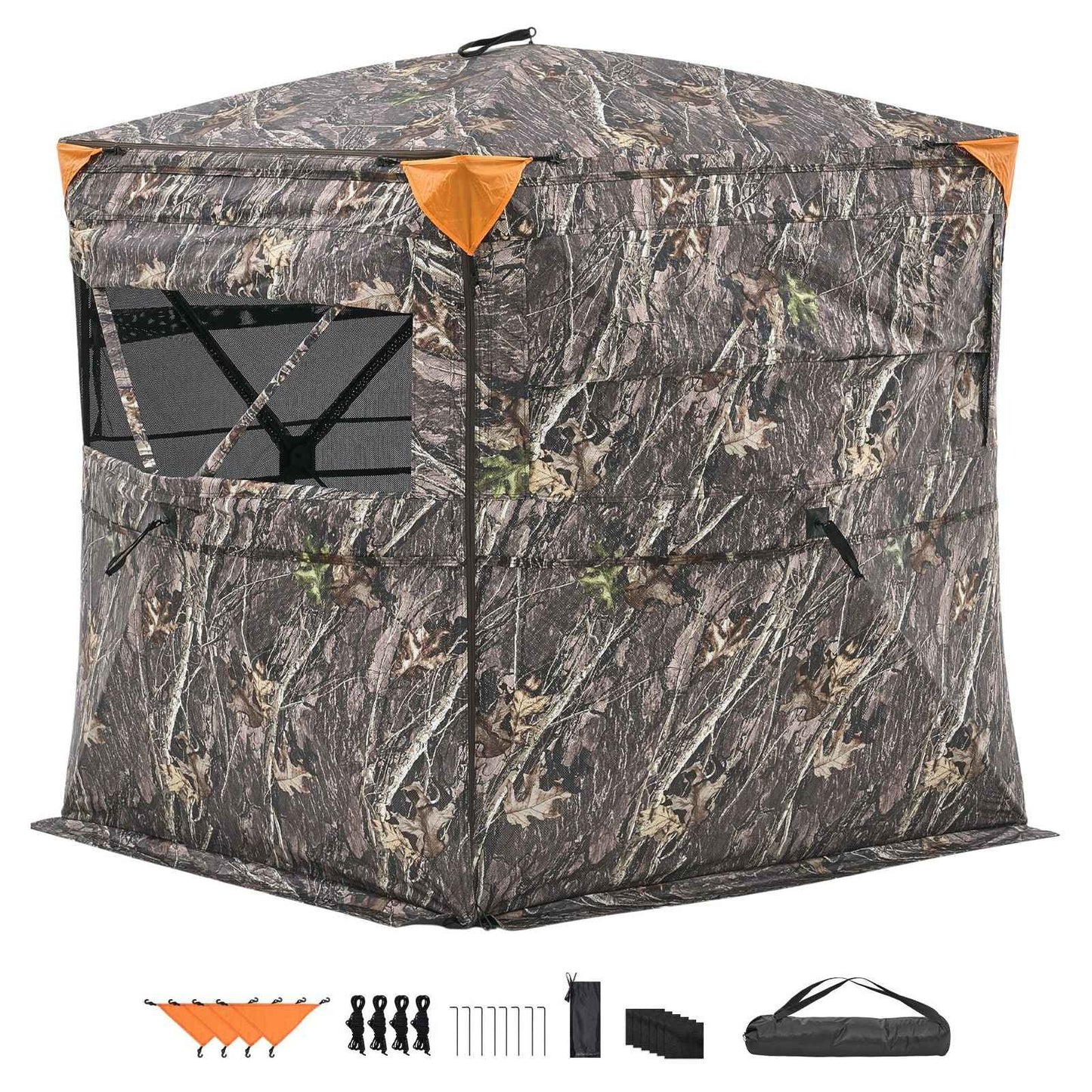Hunting Blind, 2-3 Person See Through Ground Blinds with Carrying Bag, 360 Degree Portable Camouflage Tent, Durable Concealed Shelter with Silent Side Door and Window, for Turkey and Deer