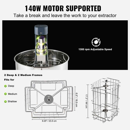 Electric Honey Extractor, 2/4 Frames Honey Spinner Extractor, Stainless Steel Beekeeping Extraction, Apiary Centrifuge Equipment with Height Adjustable Stand, Honeycomb Drum Spinner with Lid