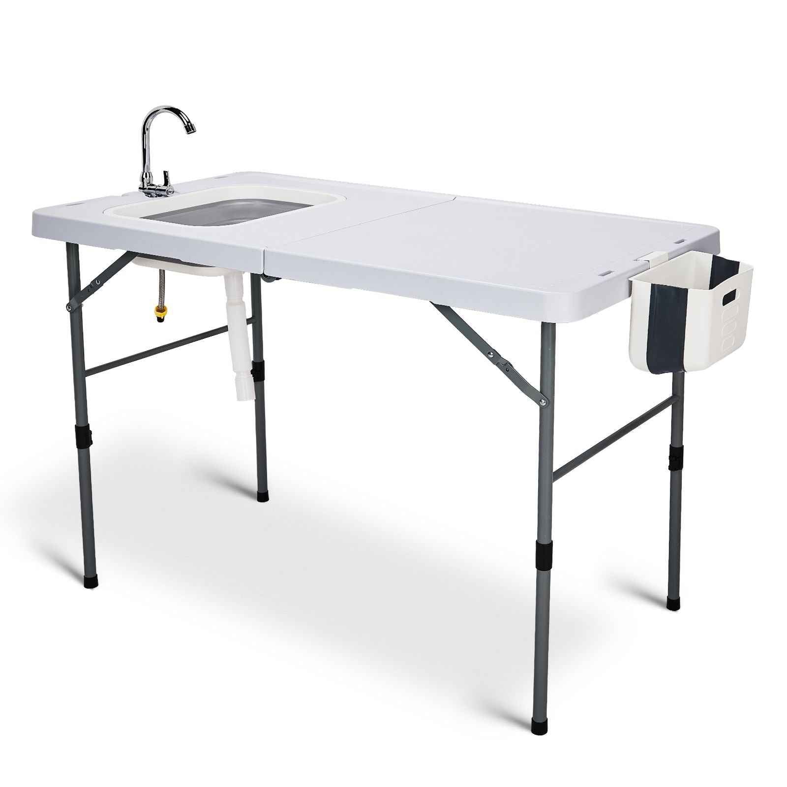 50" Folding Fish Cleaning Table with Sink, Bi-Folding Portable Camping Sink Station with Drain Hose, Trash Can, Foldable Outdoor Sink for Camping, Fishing, BBQ
