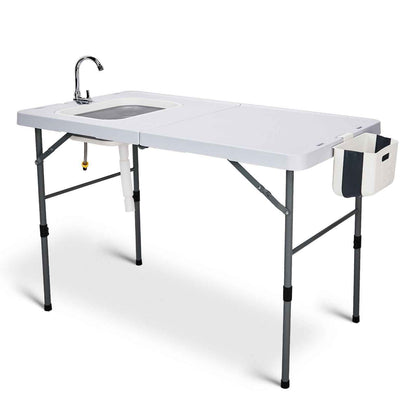 50" Folding Fish Cleaning Table with Sink, Bi-Folding Portable Camping Sink Station with Drain Hose, Trash Can, Foldable Outdoor Sink for Camping, Fishing, BBQ