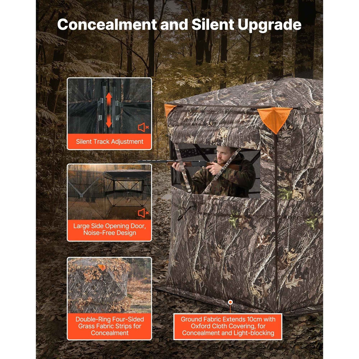 Hunting Blind, 2-3 Person See Through Ground Blinds with Carrying Bag, 360 Degree Portable Camouflage Tent, Durable Concealed Shelter with Silent Side Door and Window, for Turkey and Deer
