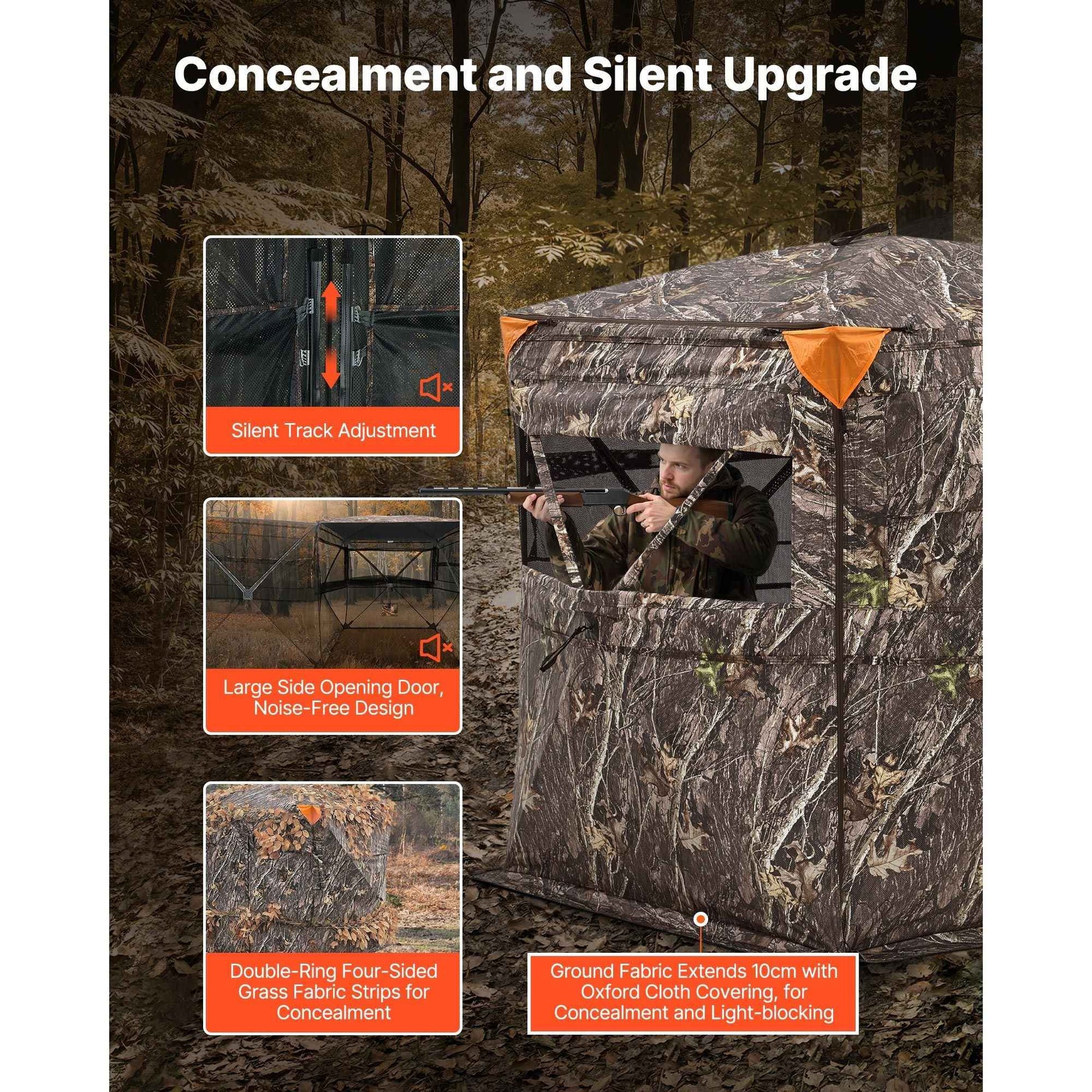 Hunting Blind, 2-3 Person See Through Ground Blinds with Carrying Bag, 360 Degree Portable Camouflage Tent, Durable Concealed Shelter with Silent Side Door and Window, for Turkey and Deer