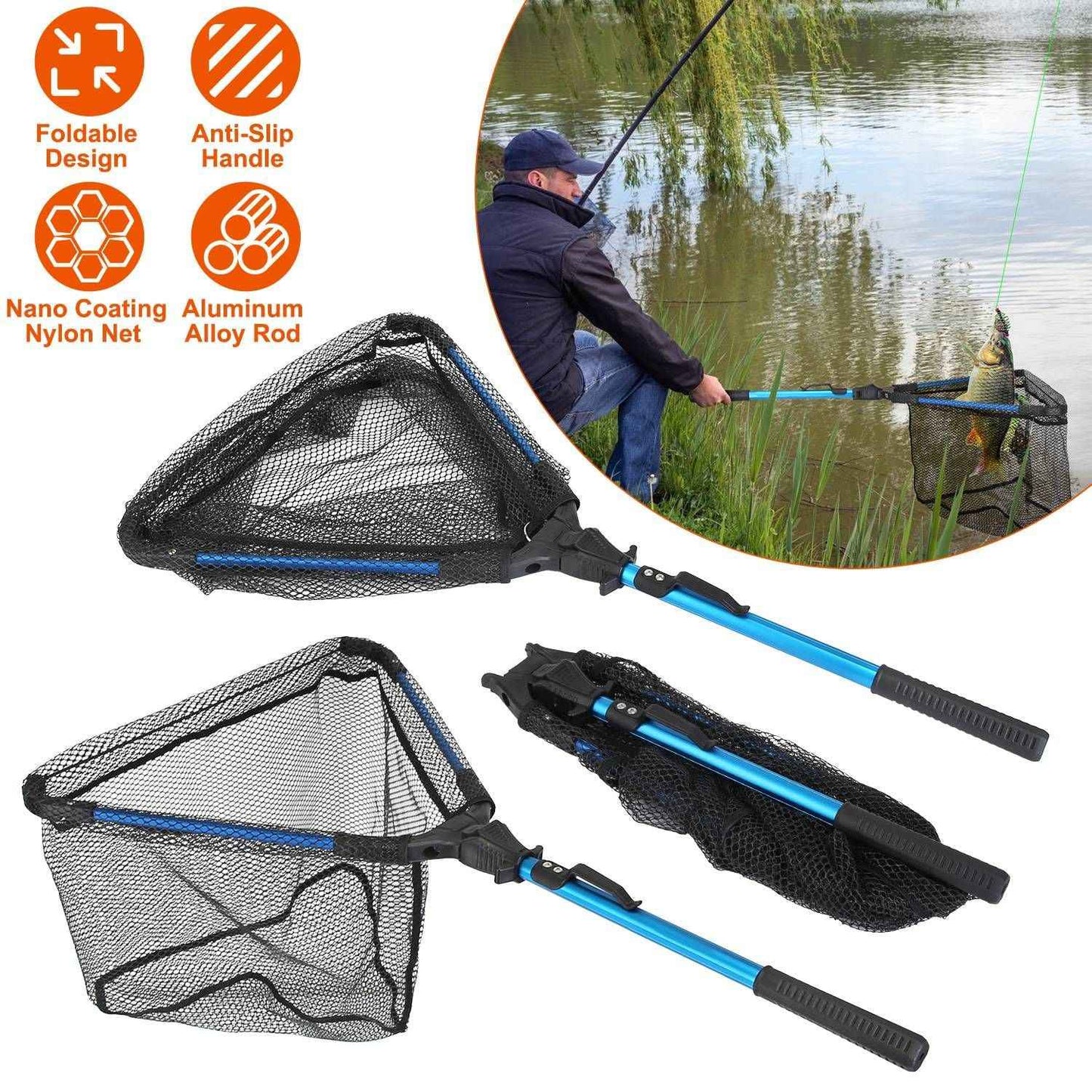 Foldable Fishing Net With Aluminum Alloy Rod EVA Handle Durable 5MM Hexagonal Nano Coating Nylon Mesh Collapsible Landing Net Safe Fish Catching or Releasing
