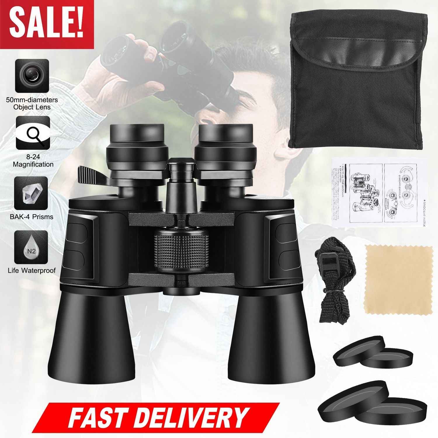 10-180X100 High-Powered Binoculars, 8-24x Magnification, 50mm Objective Lens, Low Light Night Vision, Multi-Layer Coated Aspherical Lenses, Large Field of View, Portable with Carrying Case